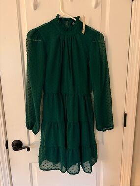 Trixxi Emerald Green Tiered Swiss Dot Long Sleeve Dress